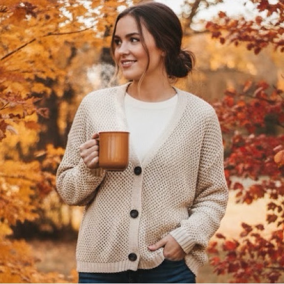 No Boundaries,Beige Crocheted Brown Button Down Sweater Cardigan 3XG (XXXL) (21) - Picture 3 of 17